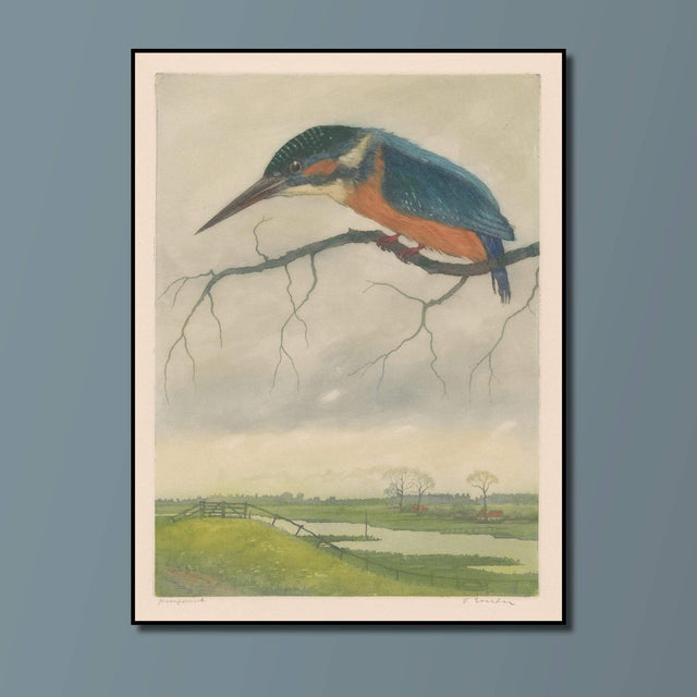 Kunssst akoestisch paneel Akoestisch paneel | IJsvogel op een tak in een weidelandschap akoestisch paneel geluidsdemping kunst werk kamer galm muur