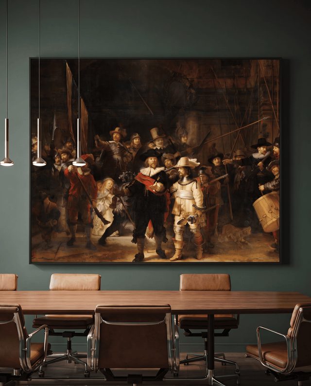 Kunssst akoestisch paneel Akoestisch Paneel 'De Nachtwacht' akoestisch paneel geluidsdemping kunst werk kamer galm muur