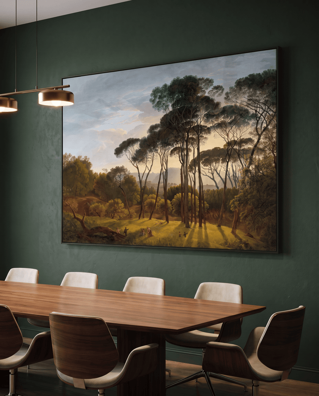 Kunssst akoestisch paneel Akoestisch paneel 'Italiaans landschap met parasoldennen' akoestisch paneel geluidsdemping kunst werk kamer galm muur